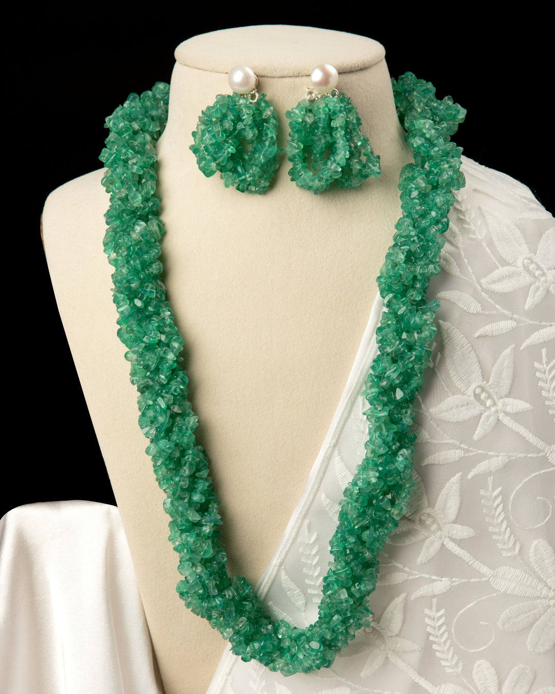 The Jade Garden- Natural Green Onyx Hand-braided Mala with Earrings | SHOBITAM