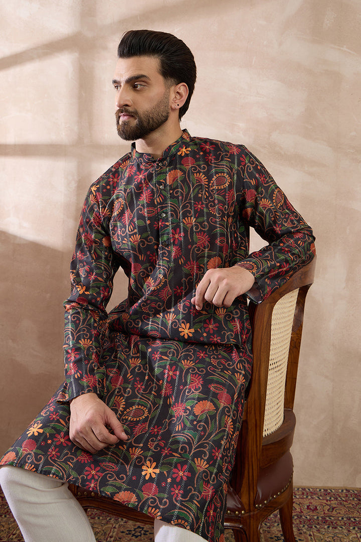 Black Silk Blend Embroidered Mandarin Collar Straight Kurta | SHOBITAM