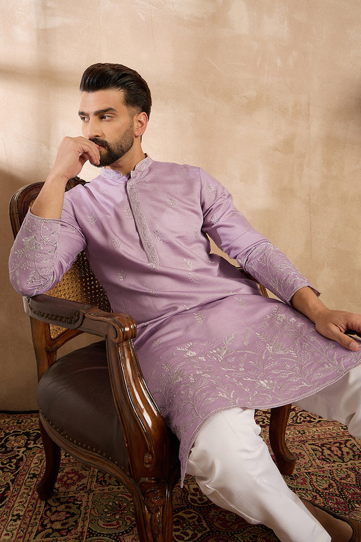 Lavender Silk Blend Floral Embroidered Straight Kurta | SHOBITAM