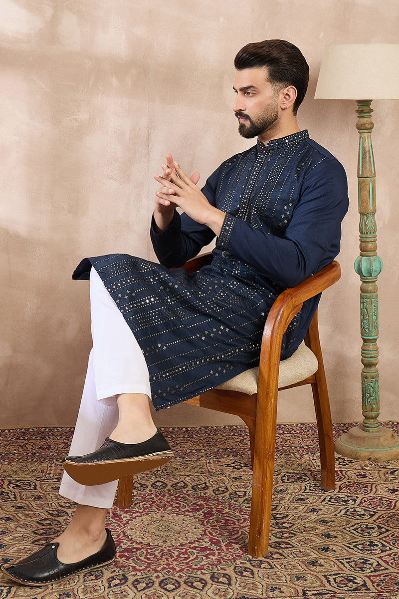 Blue Silk Blend Geometric Embroidered Straight Kurta For Men | SHOBITAM