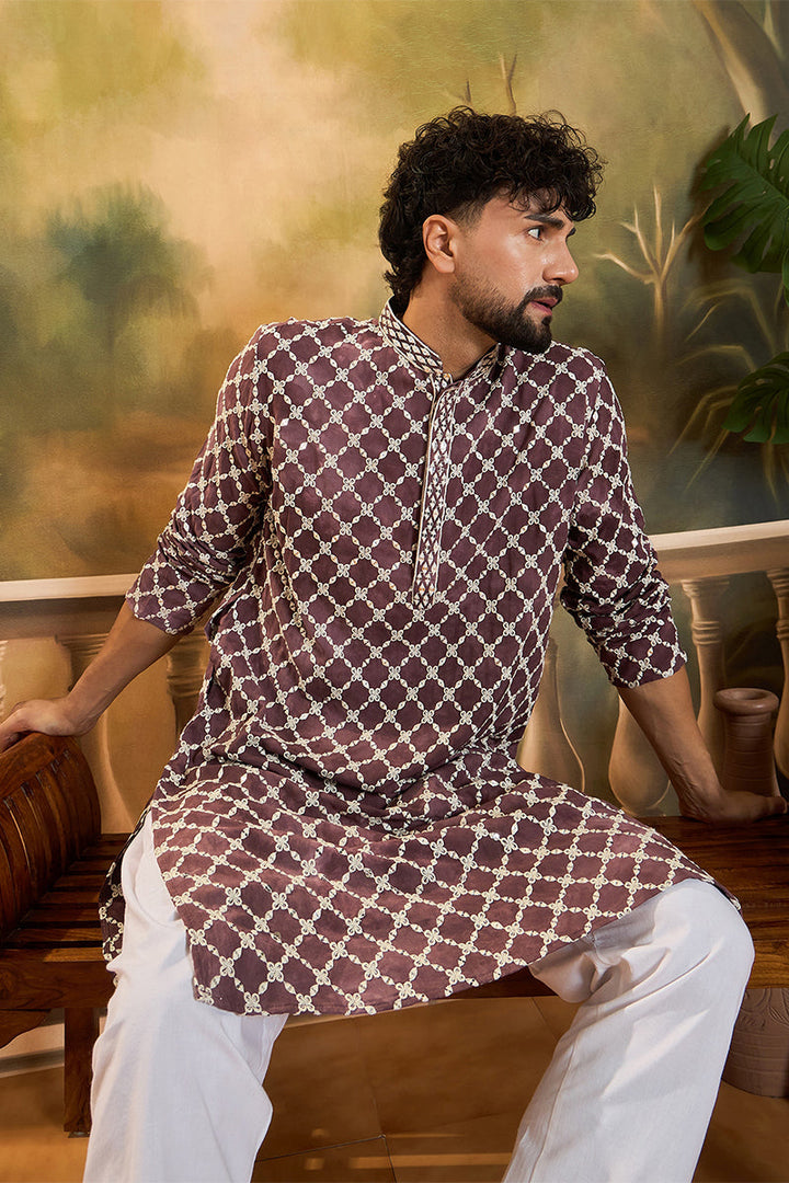 Dusty Purple Silk Blend Embroidered Straight Kurta With Trousers | SHOBITAM