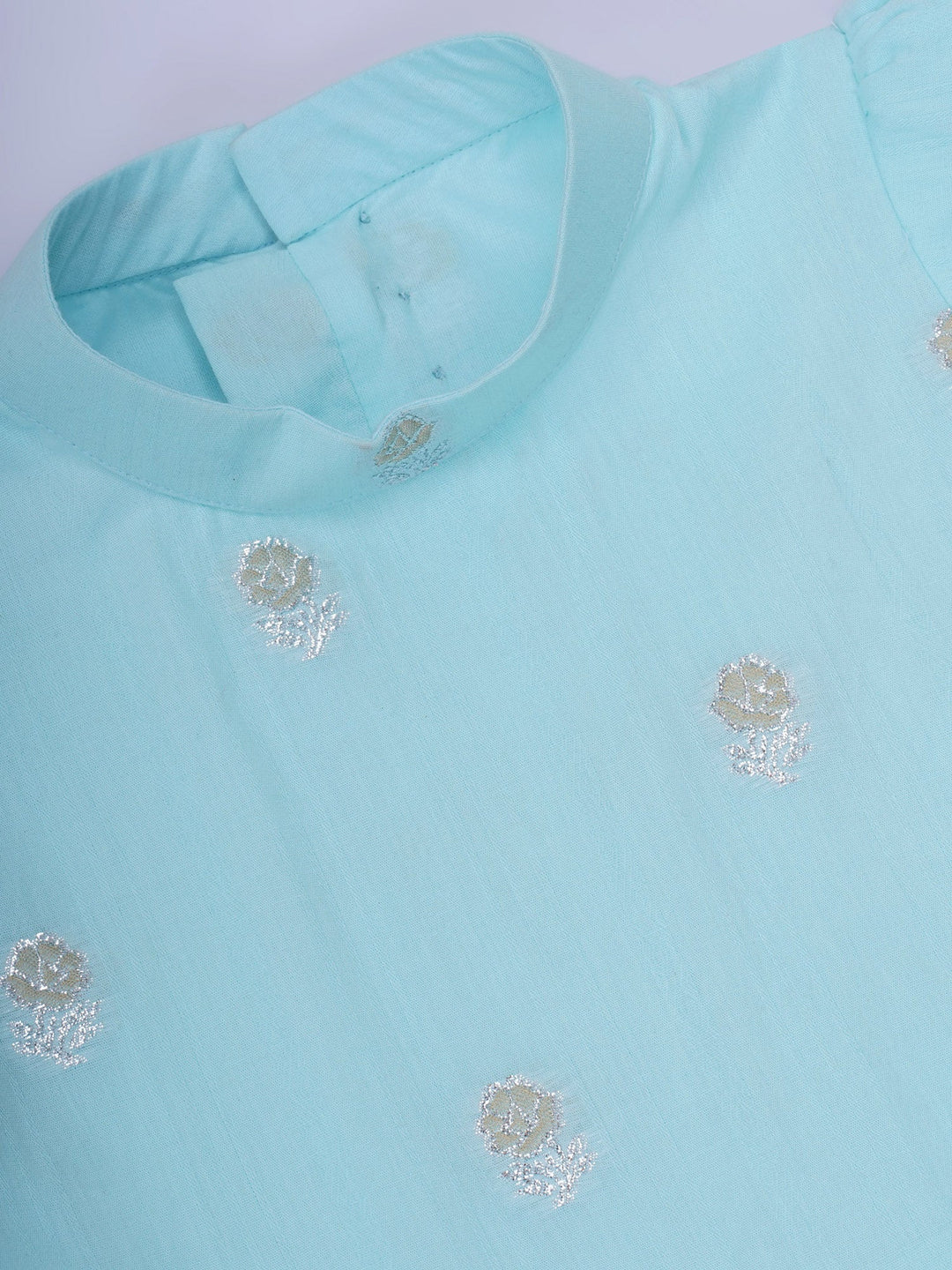 Girls Cotton Puff Sleeves Rose Embroidery Ready to wear Blouse with Ready to wear Chanderi Saree - Sky Blue | SHOBITAM