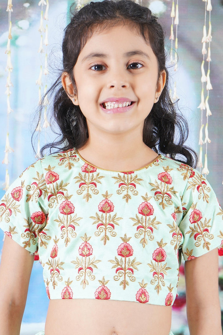 Girl Bageecha Floral Thread work Blouse with Mirror work Lehenga and Sequin moti work Dupatta, accompanied with Hand made tassel and Ghungroo work | SHOBITAM