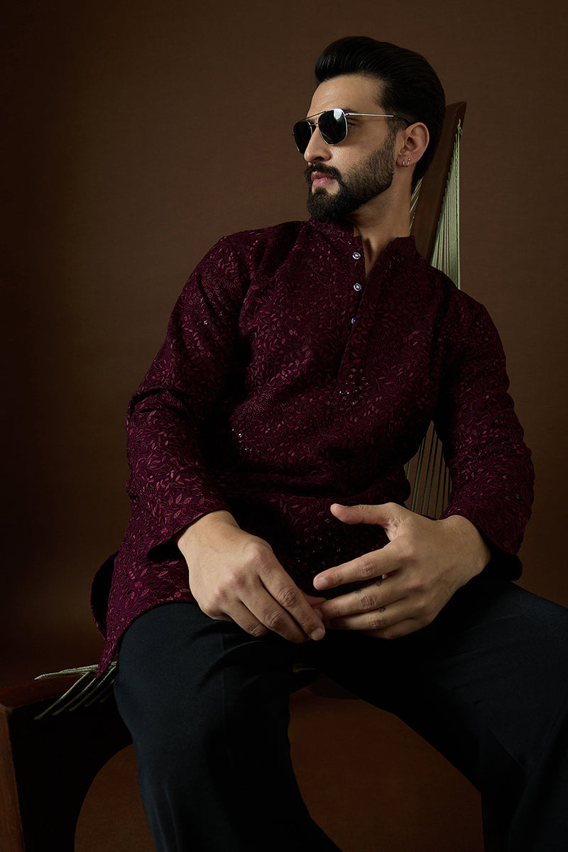 Wine Georgette Solid Embroidered Straight Kurta For Men | SHOBITAM