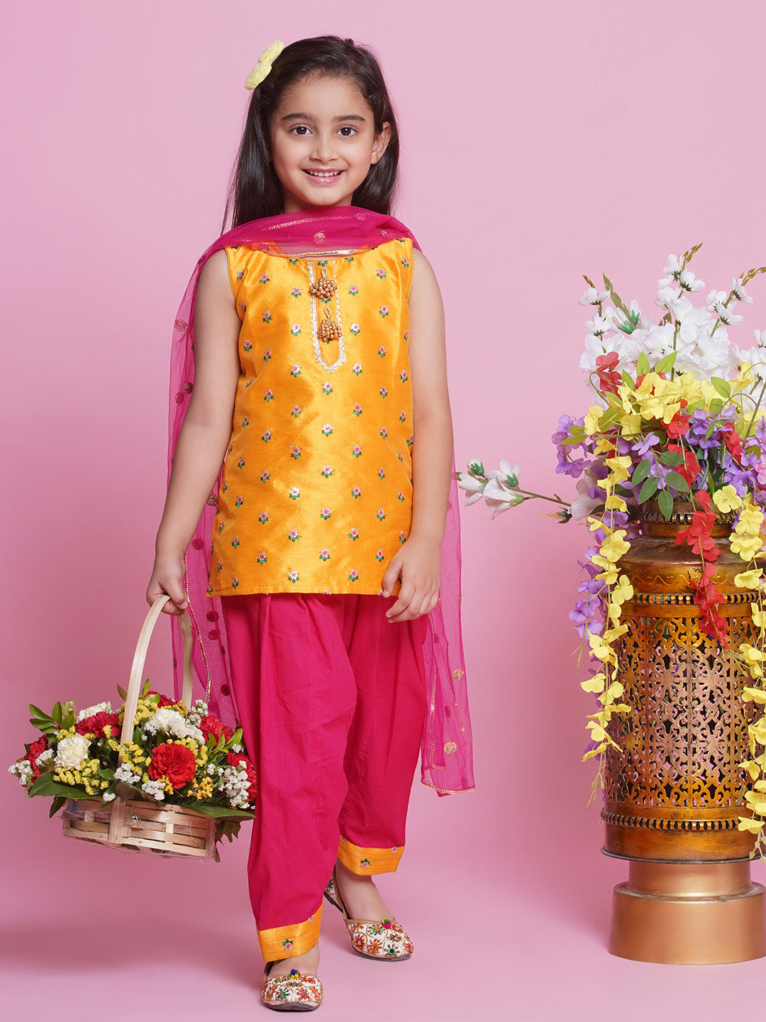 Mulberry Semi-Silk Sleeveless Floral Choti Buti Embroidery Kurta with Salwar & Dupatta - Yellow and Pink