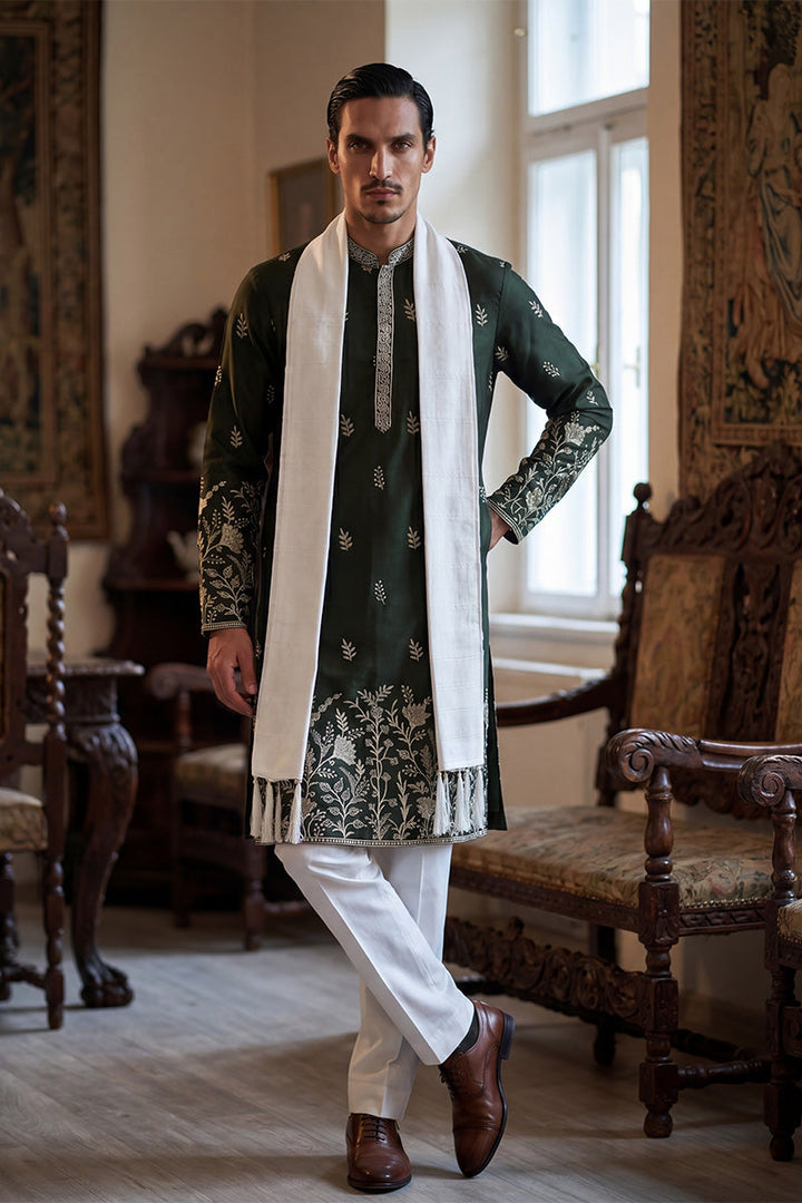 Men Olive Chanderi Silk Solid Embroidered Straight Kurta Trouser with Dupatta  | SHOBITAM