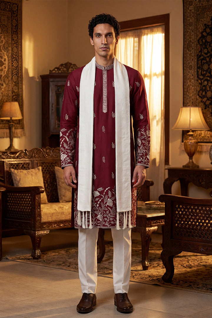 Men Maroon Silk Blend Solid Embroidered Straight Kurta Trouser with Dupatta | SHOBITAM