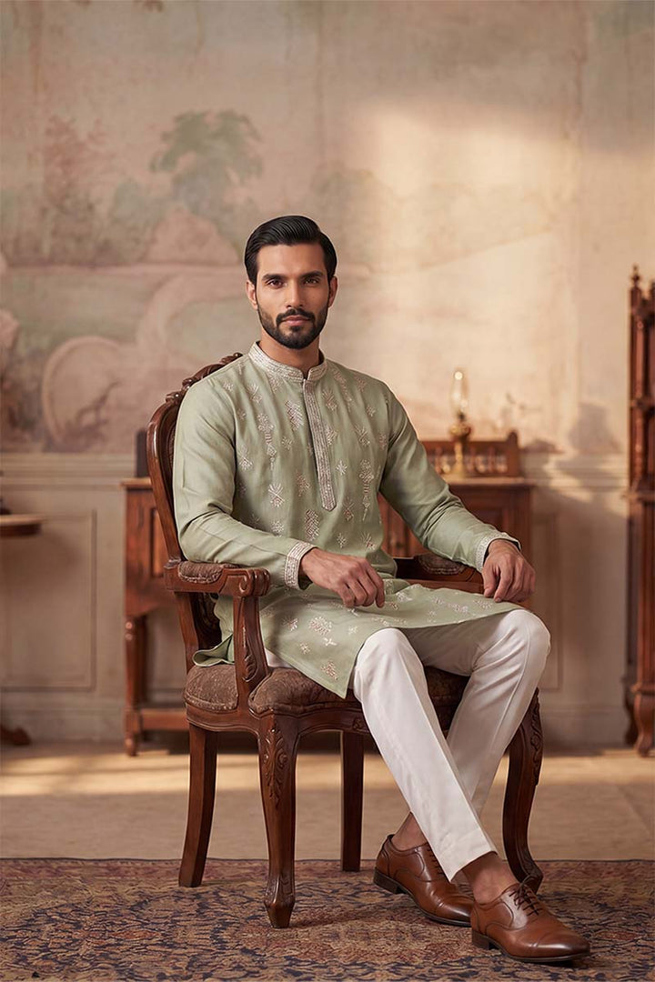 Mens Green Silk Blend Solid Embroidered Kurta With Trousers | SHOBITAM