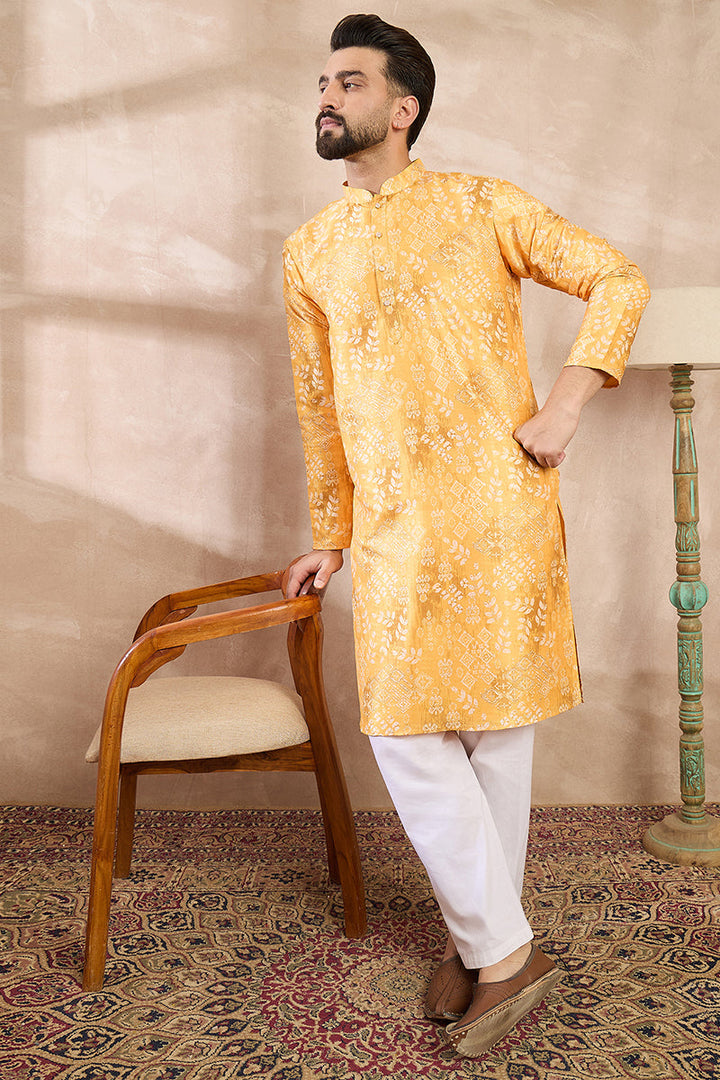 Yellow Silk Blend Ethnic Motifs Printed Straight Kurta For Men | SHOBITAM