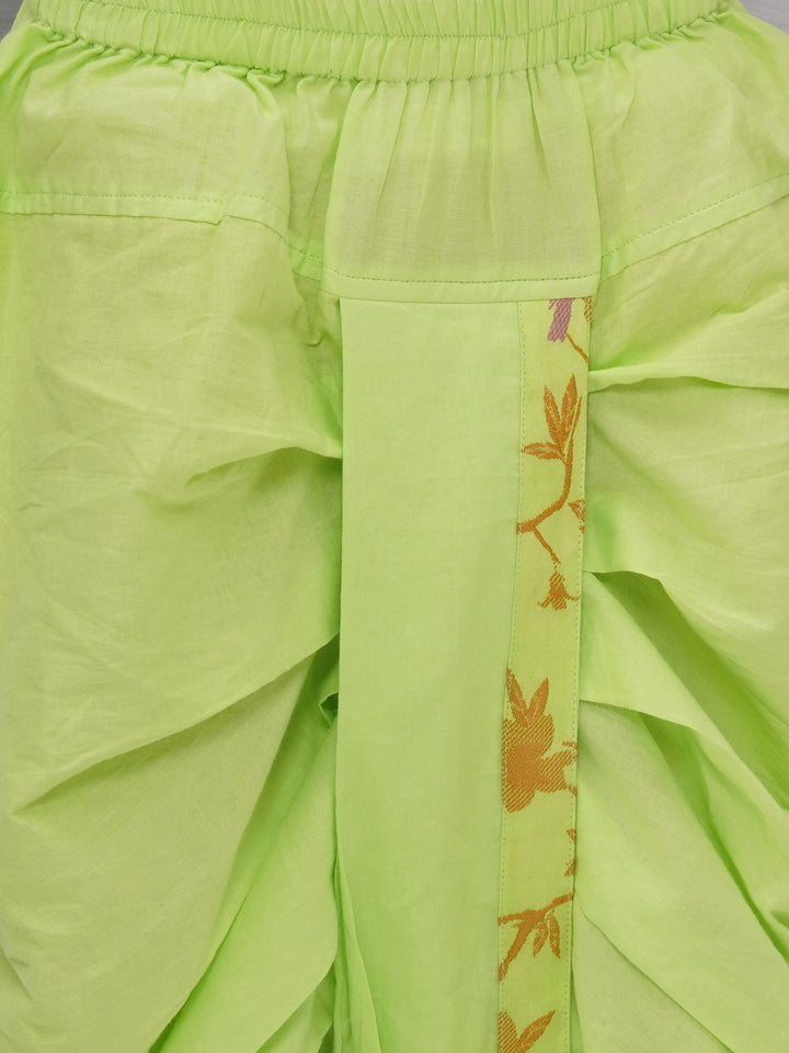 Boys Cotton Full Sleeves Kurta and Dhoti with Floral Bird Thread Embroidery- Green | SHOBITAM