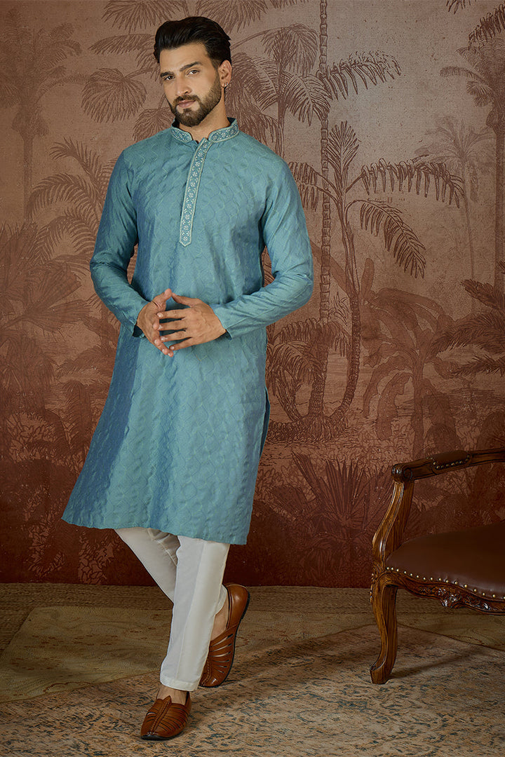 Mens Teal Jacquard Solid Embroidered Kurta With Trouser  | SHOBITAM