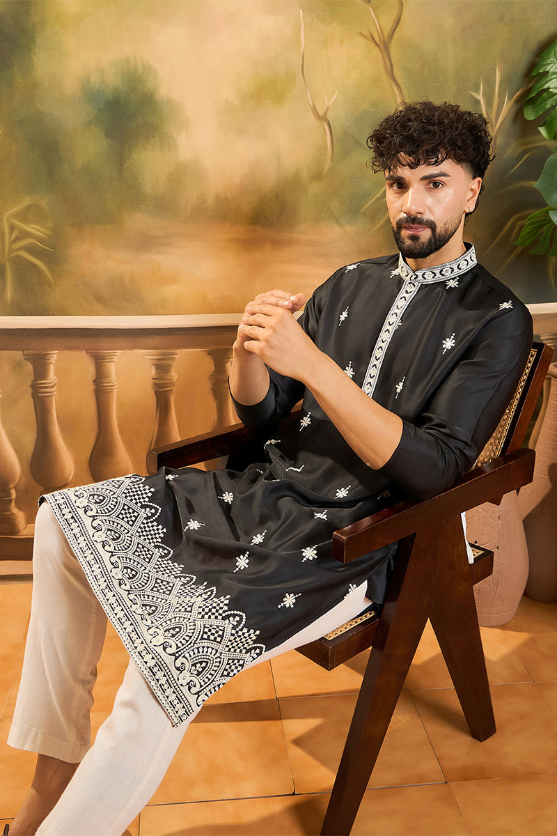 Black Silk Blend Solid Embroidered Straight Kurta | SHOBITAM