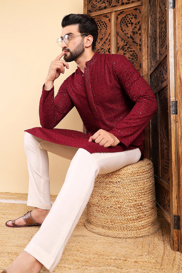 Maroon Viscose Rayon Solid Embroidered Straight Kurta For Men | SHOBITAM