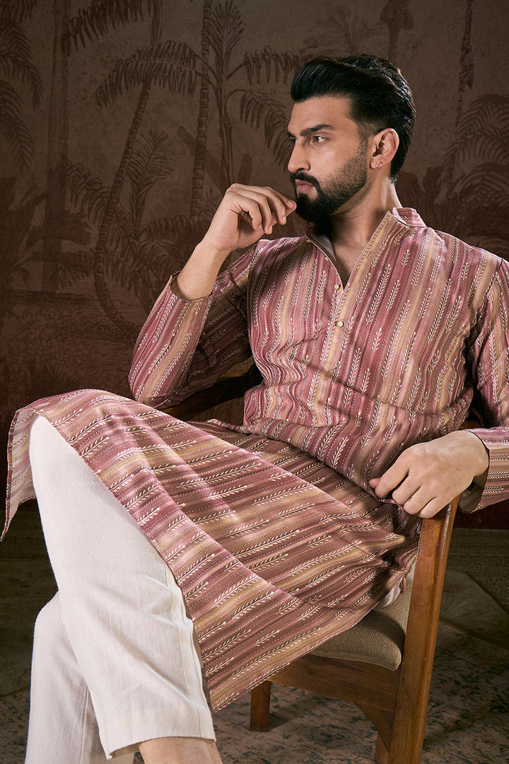 Mauve Silk Blend Floral Printed Straight Kurta For Men | SHOBITAM