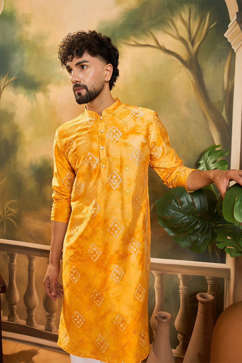 Orange Silk Blend Batik Embroidered Straight Kurta with Trouser | SHOBITAM