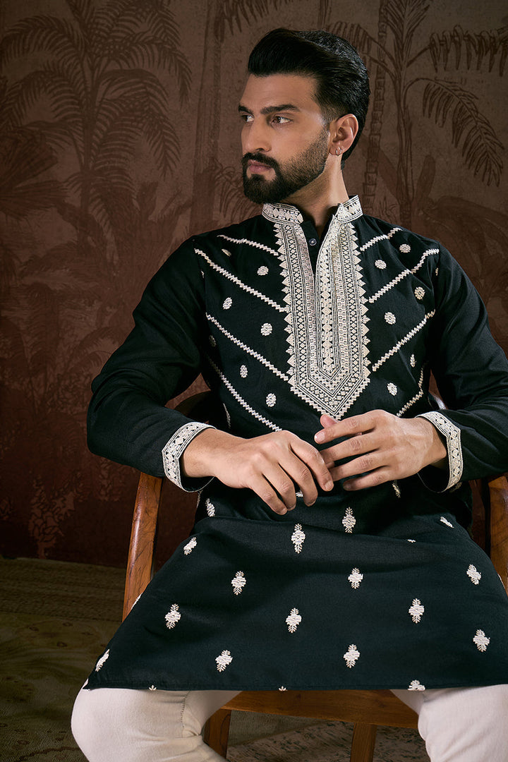 Black Silk Blend Solid Embroidered Straight Kurta For Men | SHOBITAM