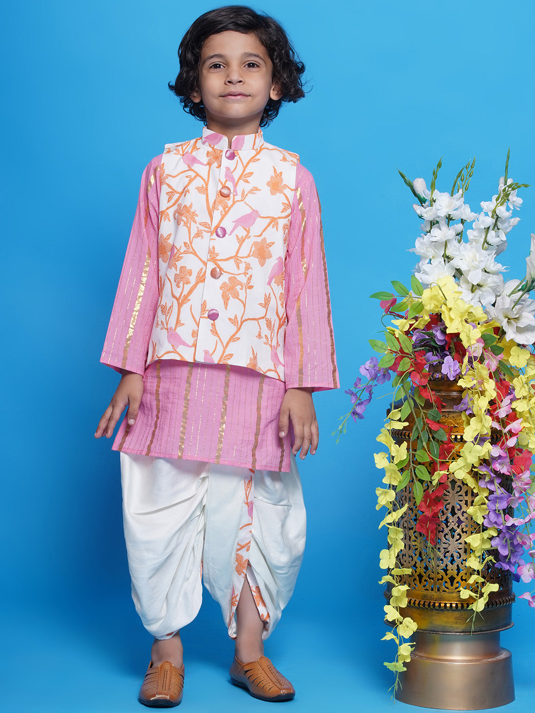 Cotton Sleevelees Floral Bird Thread Embrodiery Nehru Jacket with Striped Kurta and Dhoti - Pink and Cream | SHOBITAM