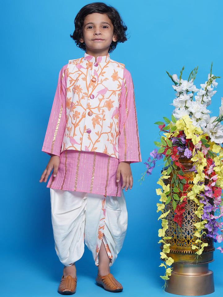 Cotton Sleevelees Floral Bird Thread Embrodiery Nehru Jacket with Striped Kurta and Dhoti - Pink and Cream | SHOBITAM