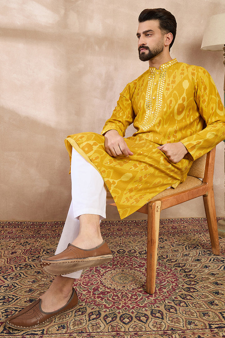 Yellow Viscose Rayon Chevron Printed Straight Kurta For Men | SHOBITAM