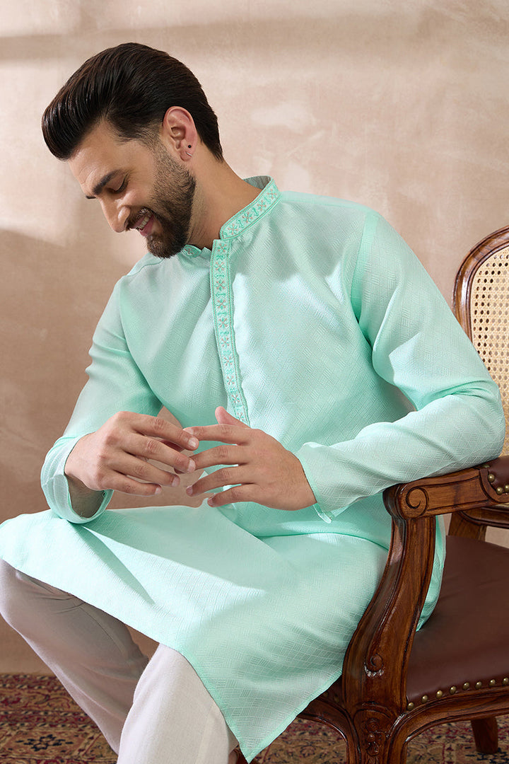 Teal Polyester Woven Design Mandarin Collar Straight Kurta For Men | SHOBITAM