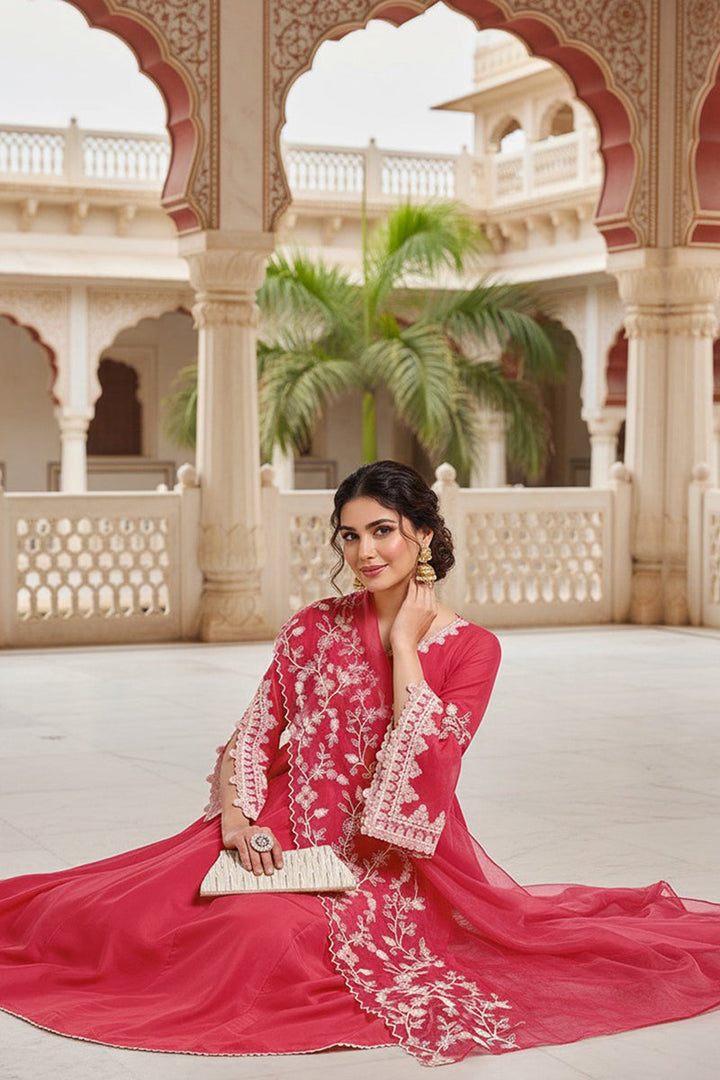Pink Silk Blend Solid Embroidered Flared Suit Set | SHOBITAM