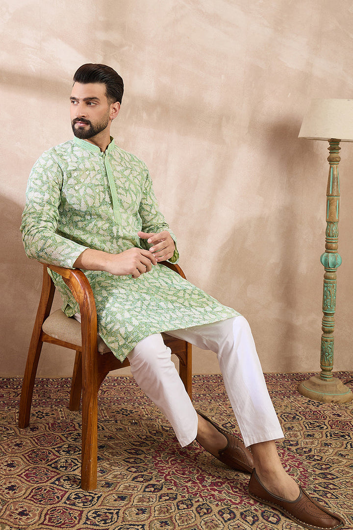 Green Viscose Rayon Ethnic Motifs Embroidered Straight Kurta With Trouser | SHOBITAM