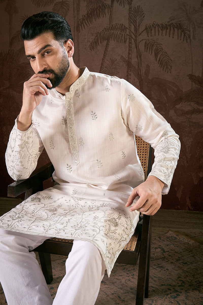White Silk Blend Floral Embroidered Straight Kurta | SHOBITAM