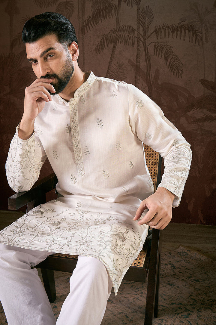 White Silk Blend Floral Embroidered Straight Kurta | SHOBITAM