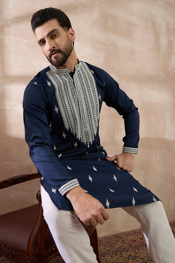 Navy Blue Silk Blend Embroidered Mandarin Collar Straight Kurta | SHOBITAM