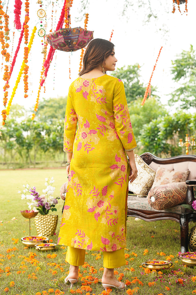 Yellow Viscose Rayon Floral Embroidered Straight Kurta Trousers With Dupatta | SHOBITAM