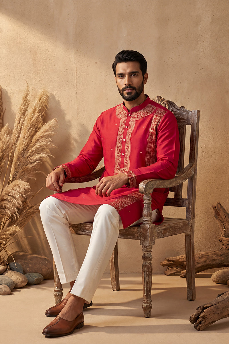 Mens Pink Silk Blend Solid Emboidered Straight Kurta With Trouser | SHOBITAM
