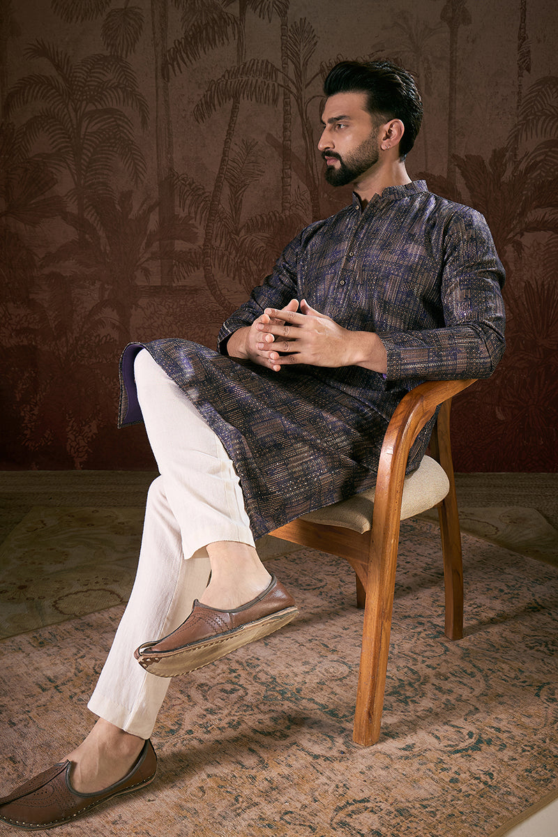Violet Silk Blend Abstract Printed Straight Kurta For Men | SHOBITAM