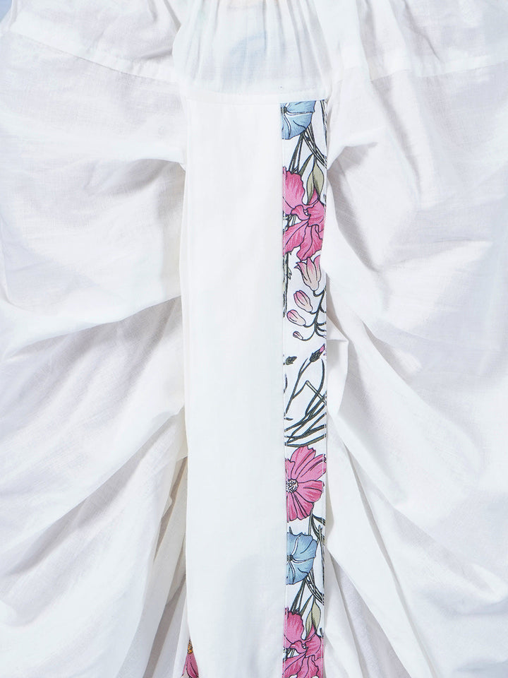 Boys Cotton Full Sleeves Kurta Dhoti with Garden Guldaudi Floral Print and Pearl Buttons - Off White | SHOBITAM