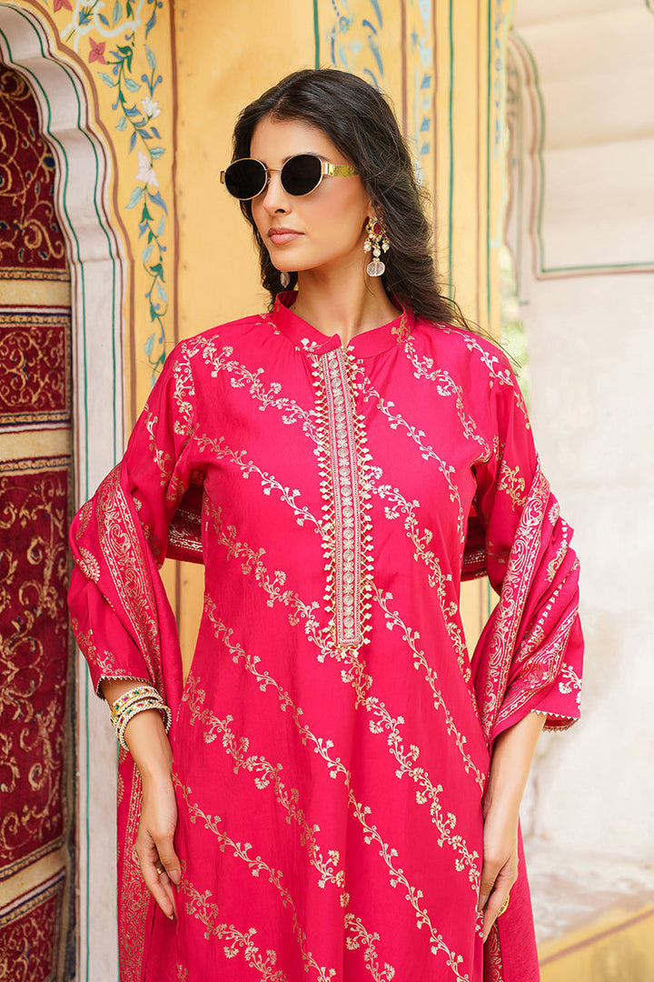 Pink Silk Blend Floral Printed Straight Kurta Trousers With Dupatta | SHOBITAM