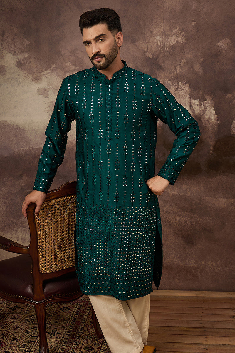 Teal Silk Blend Solid Embroidered Straight Kurta With Pant Set | SHOBITAM