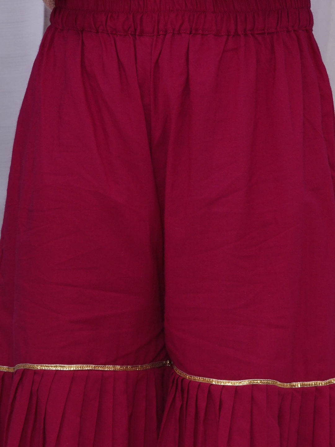 Girls Cotton Three Fourth Sleeves Angrakha Kurta with Sharara and Net Dupatta with Deer Design Zari Work - Rose Red | SHOBITAM