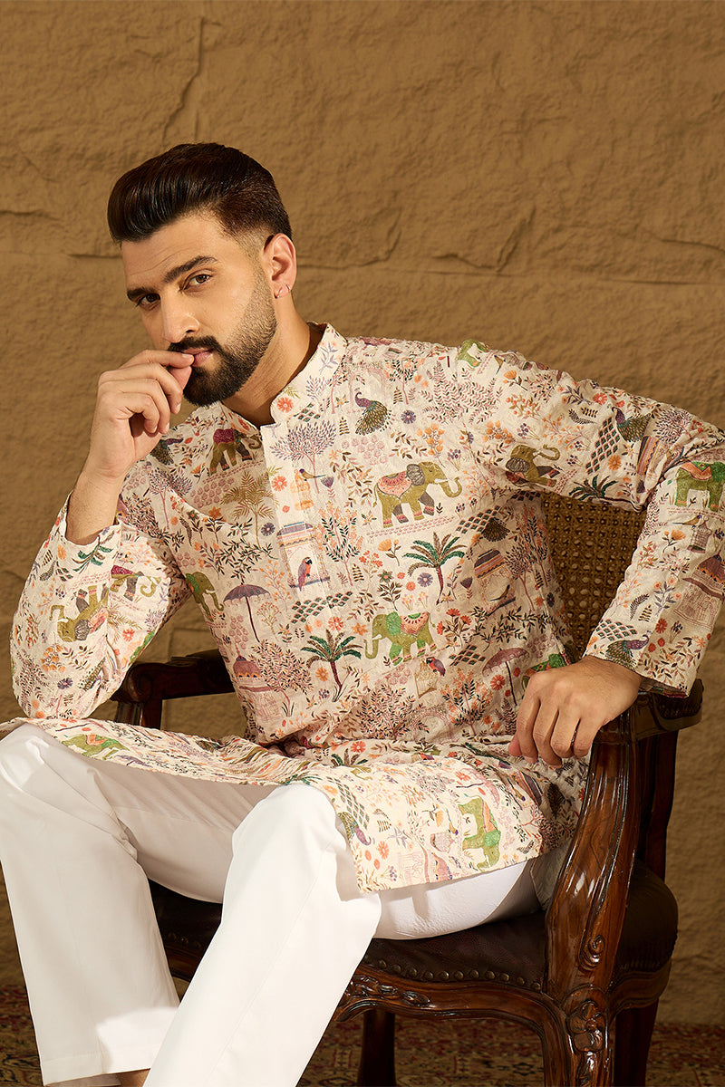 Cream Viscose Rayon Ethnic Motifs Printed Straight Kurta with Trouser | SHOBITAM