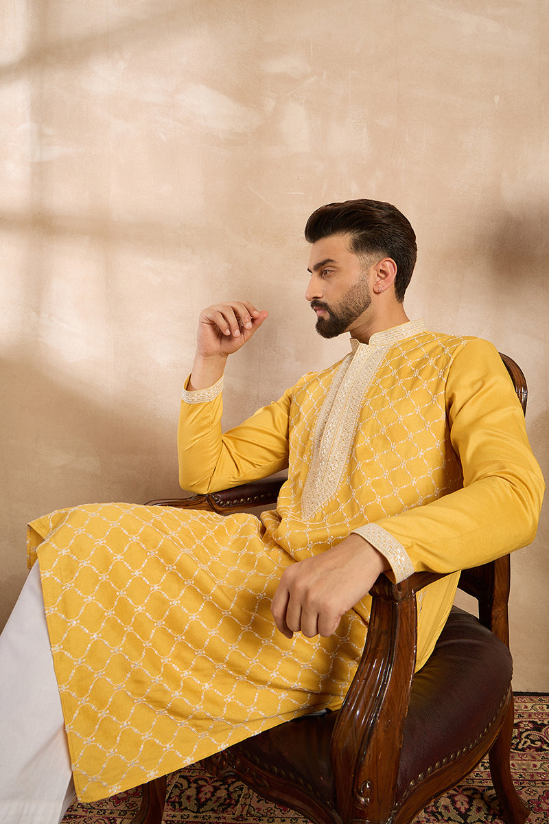 Yellow Silk Blend Embroidered Mandarin Collar Straight Kurta | SHOBITAM