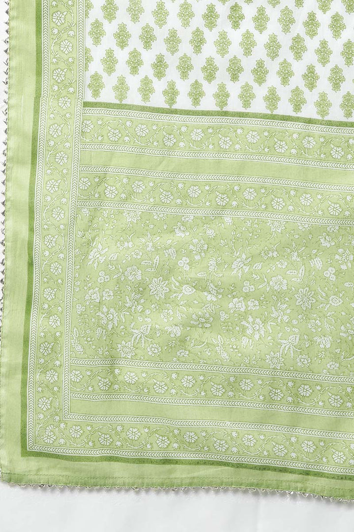 Light Green Cotton Flared Kurta Pant With Dupatta   | SHOBITAM