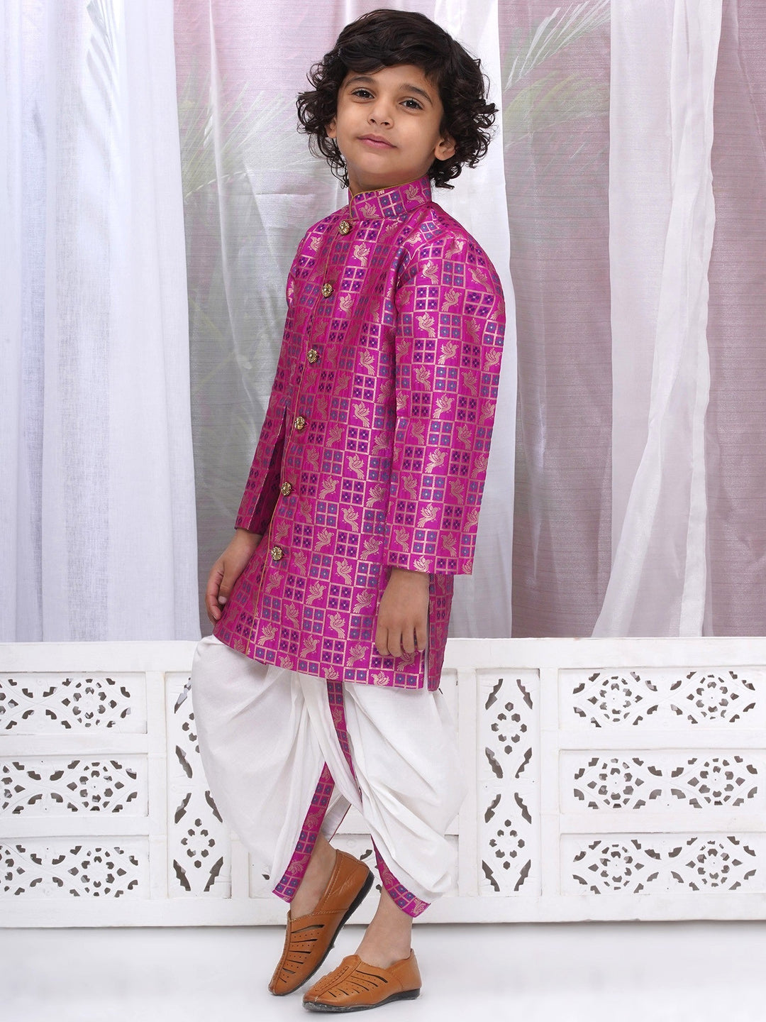 Boys Silk Brocade Full Sleeves Sherwani and Dhoti with Bird Embroidery & Kundan Buttons- Magenta | SHOBITAM