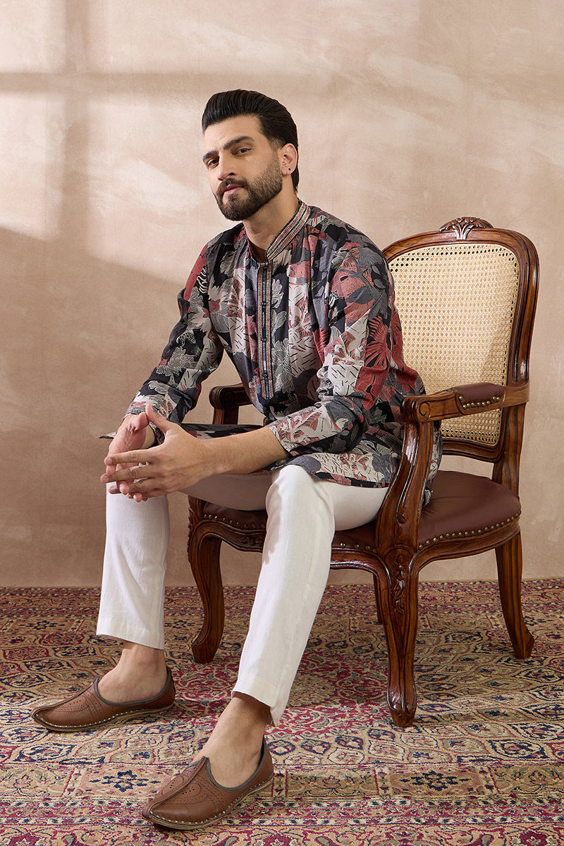 Black Silk Blend Printed Mandarin Collar Straight Kurta With Trouser | SHOBITAM
