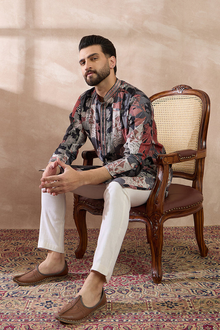 Black Silk Blend Printed Mandarin Collar Straight Kurta With Trouser | SHOBITAM