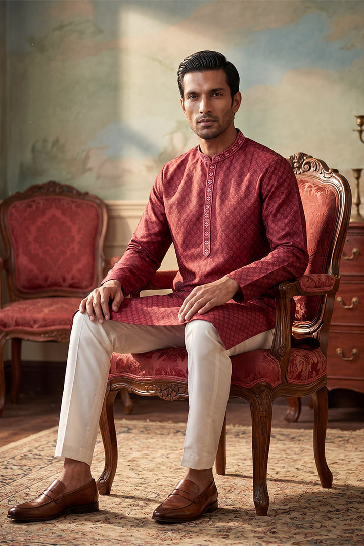 Mens Maroon Jacquard Woven Design Straight Kurta With Trouser | SHOBITAM