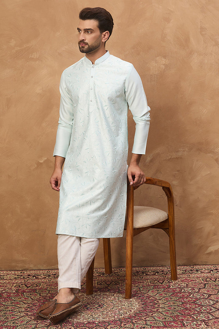 Blue Silk Blend Solid Embroidered Straight Kurta | SHOBITAM