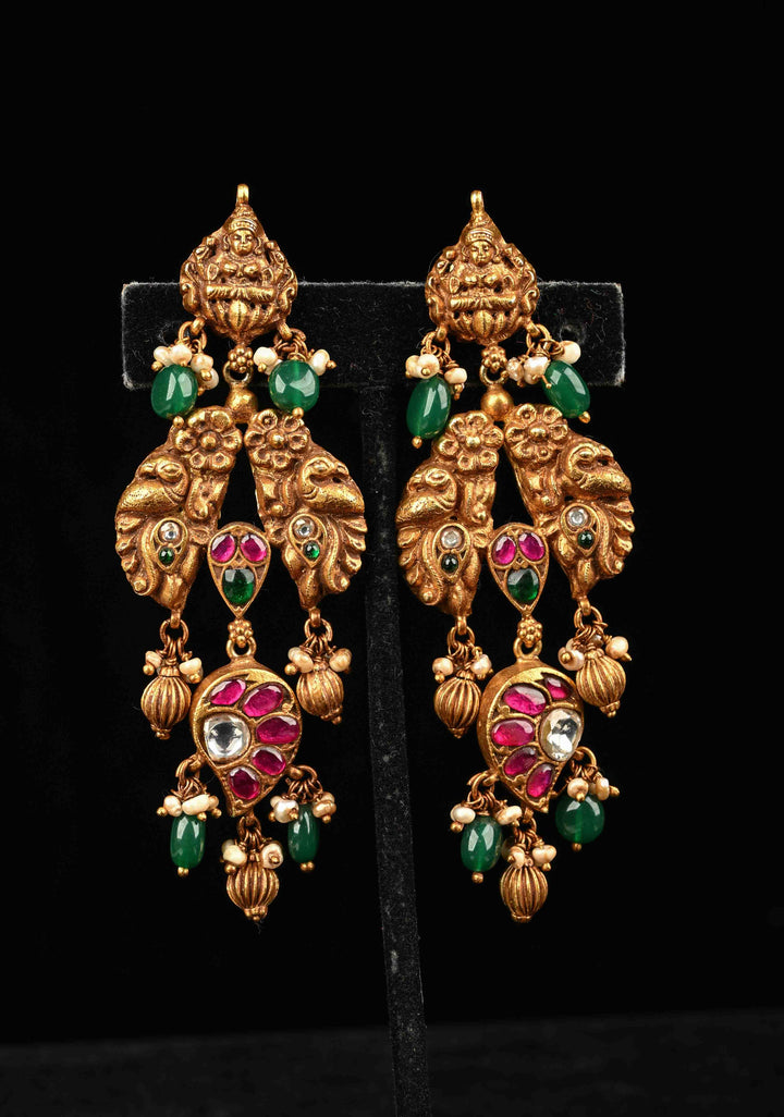 92.5 Pure Silver, Gold Plated Antique Jadau  Deep Nagas Earrings