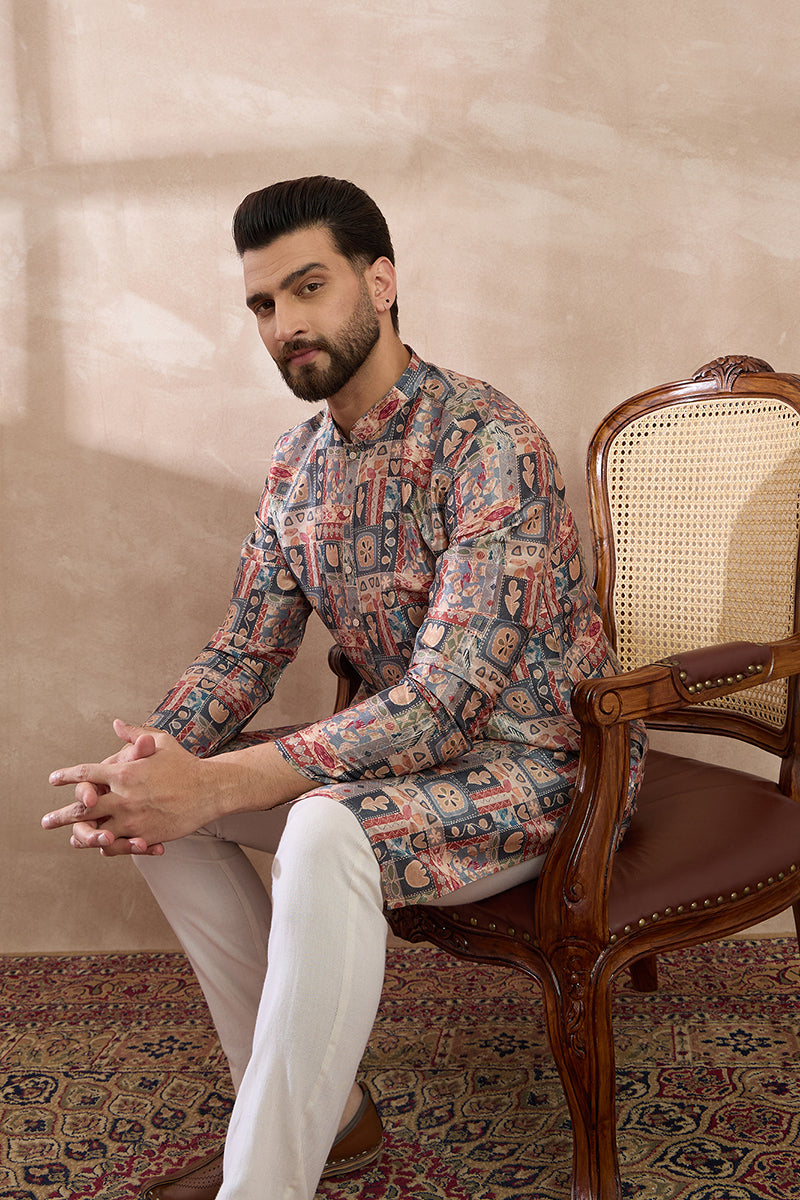 Multi Silk Blend Printed Mandarin Collar Straight Kurta With Trouser | SHOBITAM