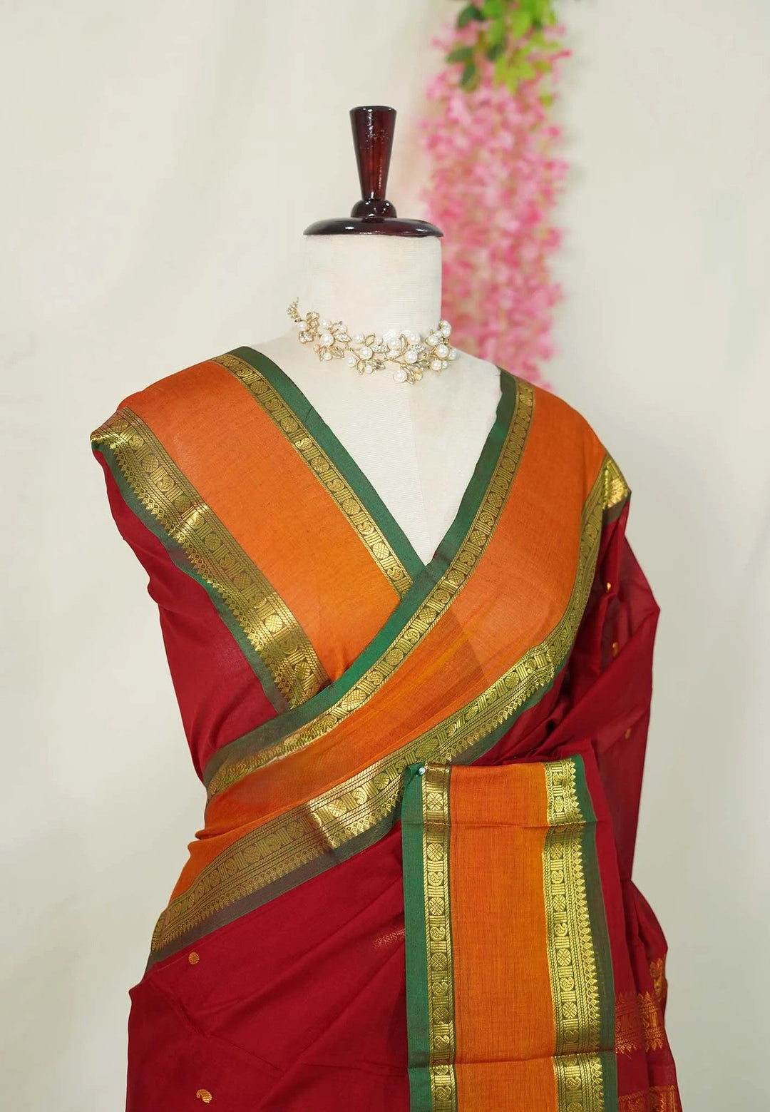 Maroon Pure mercerized silk cotton with buttas and rettapet border | SHOBITAM