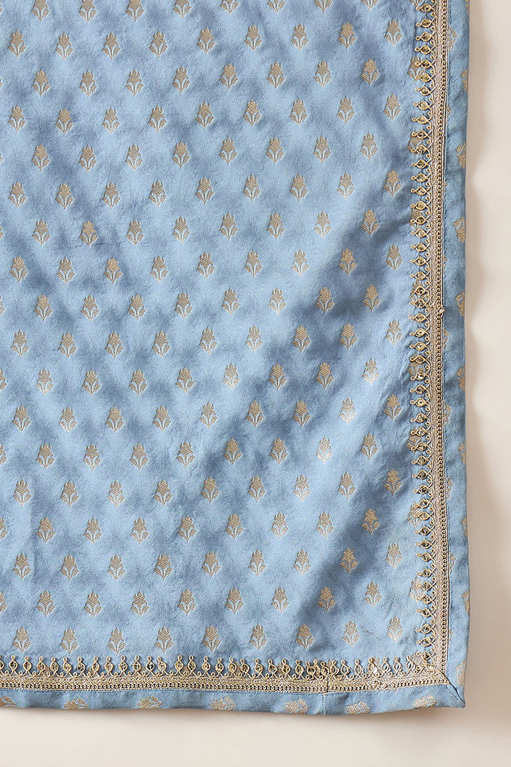 Men Blue Jacquard Woven Design Floral Straight Kurta Sets | SHOBITAM