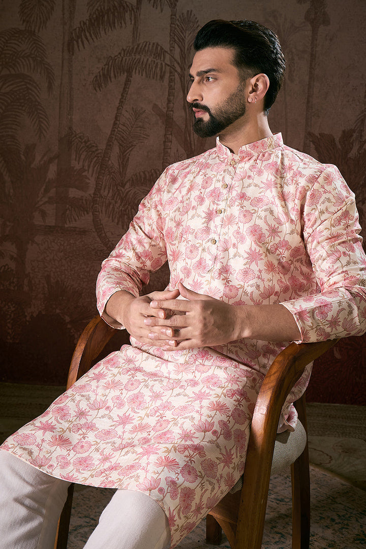 Off White Silk Blend Floral Printed Straight Kurta For Men | SHOBITAM