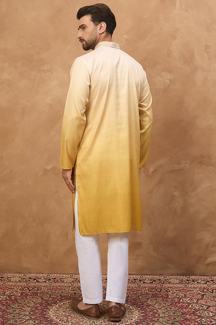 Yellow Silk Blend Solid Embroidered Straight Kurta | SHOBITAM